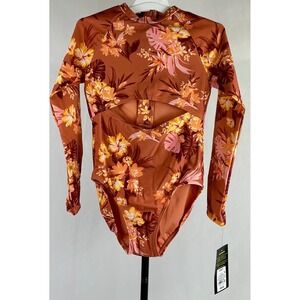 Art Class Girls' Floral Cutout One Piece Long Sleeve Swimsuit Size S Rust (6/7)